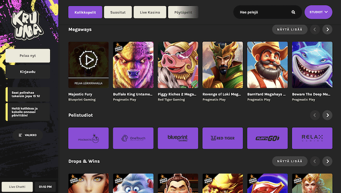 Kruuna Casinon pelivalikoimaa